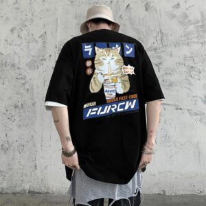 Camiseta Masculina Oversized "Street Cats" | Estampa Japonesa de Gatos Cartoon | Algodão Premium